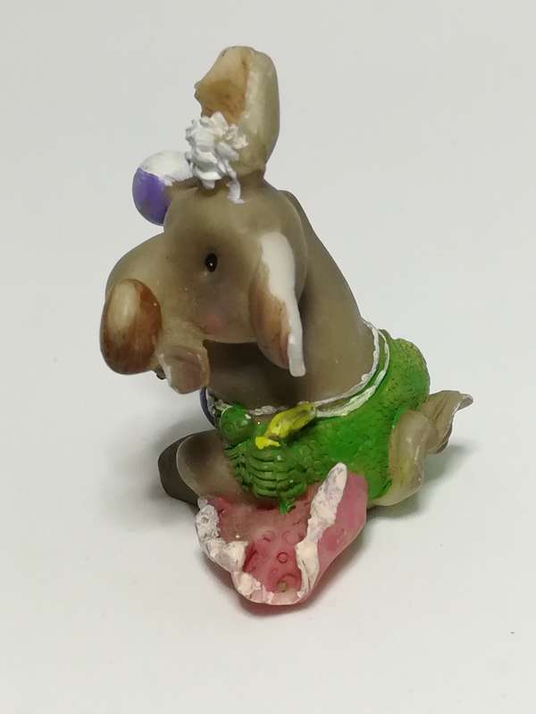 Miniature Elephant Dressed in Green & Pink Attire Playing Catch (Miniature, suitable for printer'...