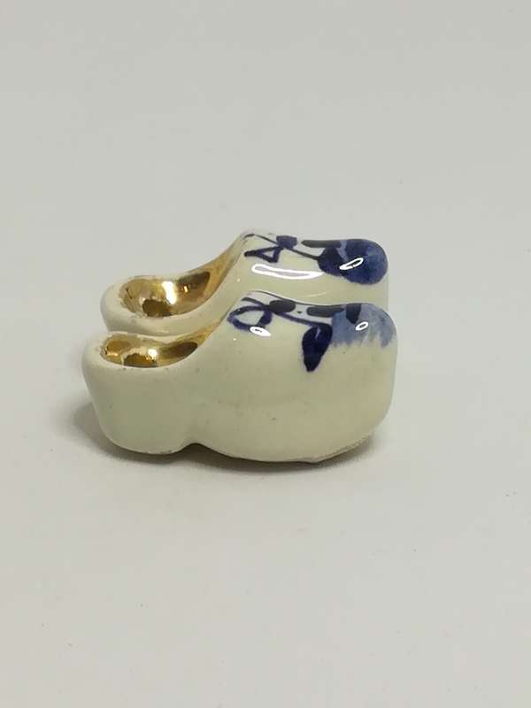 Miniature Pair White Dutch Clogs with Blue Design & Golden Inners (Miniature, suitable for printe...