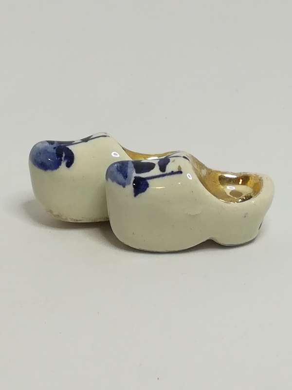 Miniature Pair White Dutch Clogs with Blue Design & Golden Inners (Miniature, suitable for printe...