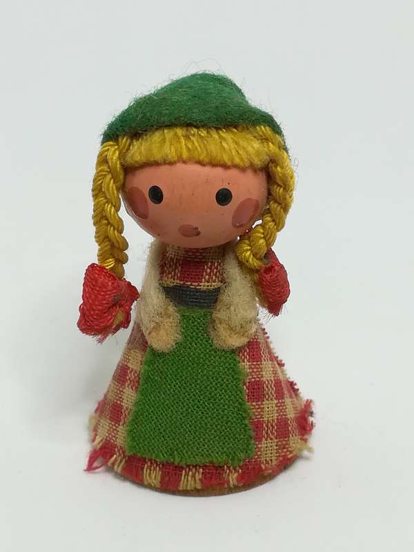 Miniature Wooden Doll in Red & White Checked Dress & Green Hemp (Miniature, suitable for printer'...