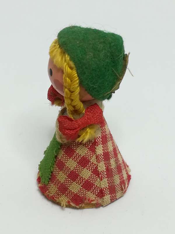Miniature Wooden Doll in Red & White Checked Dress & Green Hemp (Miniature, suitable for printer'...