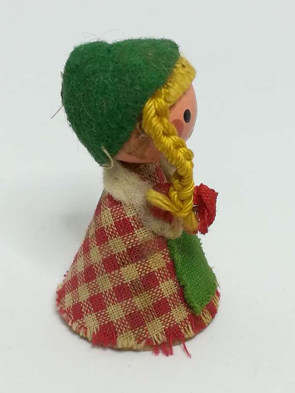Miniature Wooden Doll in Red & White Checked Dress & Green Hemp (Miniature, suitable for printer'...