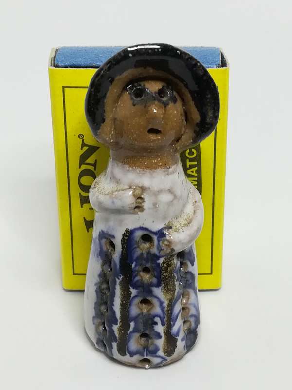 Miniature Ceramic Doll Dressed in Blue & White Dress & Bonnet (Miniature, suitable for printer's ...