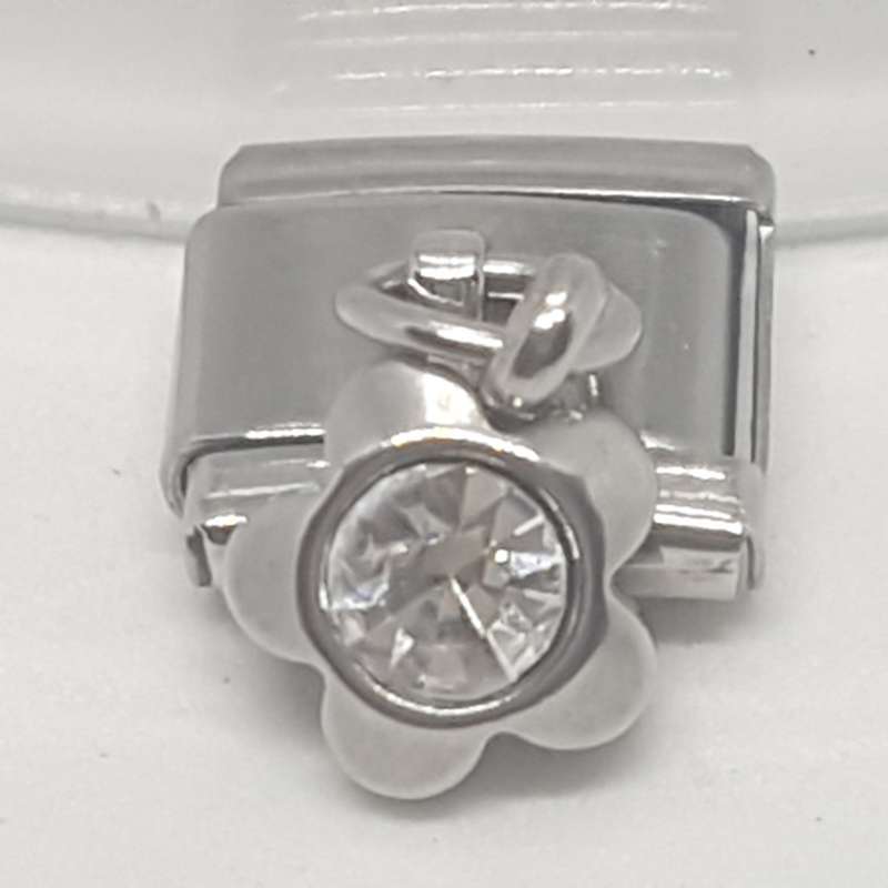 Italian Charm Dangle Flower 'Silver' Clear Diamante (Fits Nomination Bracelet)