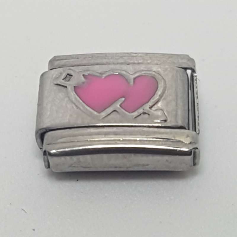 Italian Charm Heart Pair Arrow Pink Enamel (Fits Nomination Bracelet)