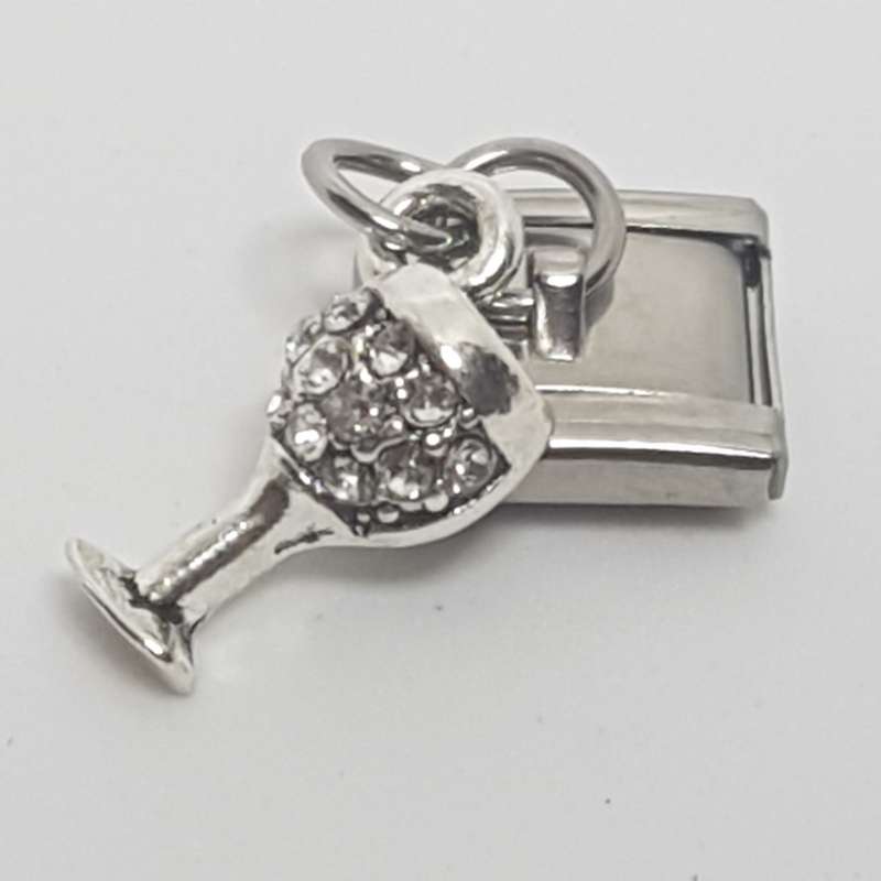 Italian Charm Dangle Champagne Glass 'Silver' Diamante (Fits Nomination Bracelet)