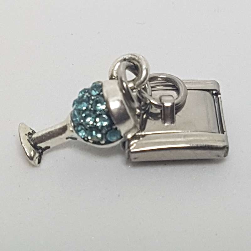 Italian Charm Dangle Champagne Glass 'Silver' Blue Diamante (Fits Nomination Bracelet)