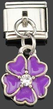 Italian Charm Dangle Flower Purple Enamel & Rhinestone (Fits Nomination Bracelet)