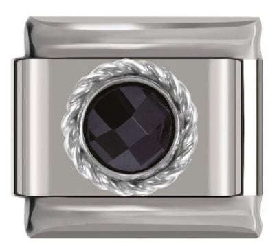 Italian Charm Diamante Black 'Onyx' Sphere in 'Silver' Brocade on 'Silver' Link (Fits Nomination ...