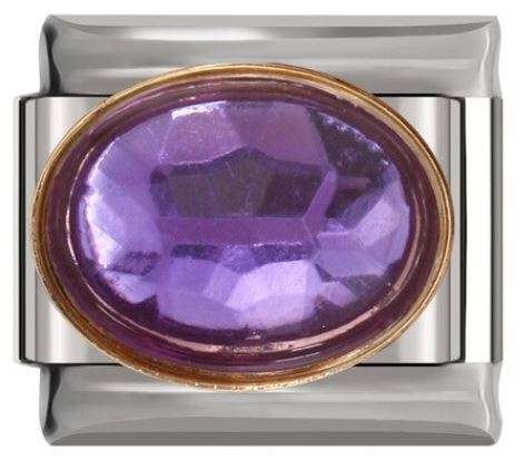 Italian Charm Diamante Oval Purple 'Amethyst' in 'Gold' Outline on 'Silver' Link (Fits Nomination...