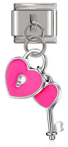 Italian Charm Pink Enamel Heart and Key 'Silver' Dangle (Fits Nomination Bracelet)