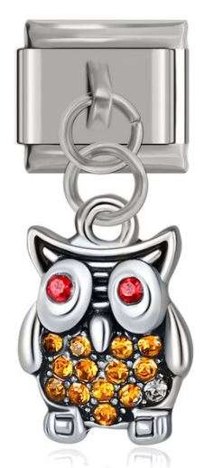Owl (Red and Orange Diamante) 'Silver' Dangle Italian Charm (Fits Nomination Bracelet)