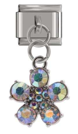 Italian Charm Diamante Clear 'Opal' Floral 'Silver' Dangle (Fits Nomination Bracelet)