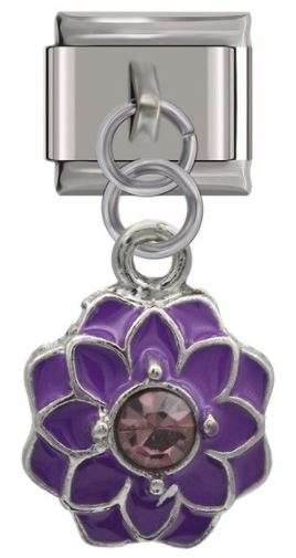 Italian Charm Purple Green Flower with Purple Diamante 'Silver' Dangle (Fits Nomination Bracelet)