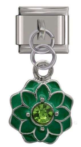 Italian Charm Enamel Green Flower with Green Diamante 'Silver' Dangle (Fits Nomination Bracelet)
