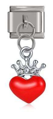 Italian Charm Red Enamel Heart and Diamante Crown 'Silver' Dangle (Fits Nomination Bracelet)