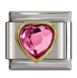 Italian Charm Pink Diamante Heart Encased in 'Gold' Outline 'Silver' (Fits Nomination Bracelet)