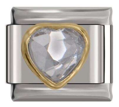 Clear Diamante Heart Encased in 'Gold' Outline 'Silver' Italian Charm (Fits Nomination Bracelet)