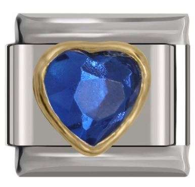 Italian Charm Blue 'Sapphire' Diamante Heart Encased in 'Gold' Outline 'Silver' (Fits Nomination ...