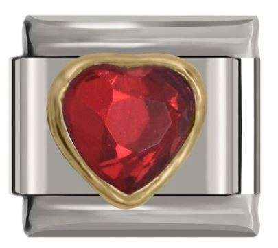 Italian Charm Red 'Ruby' Diamante Heart Encased in 'Gold' Outline 'Silver' (Fits Nomination Brace...