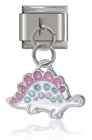 Italian Charm White Enamel Dinosaur with Pink and Green Scales 'Silver' Dangle (Fits Nomination B...