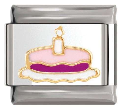 Italian Charm Birthday Cake Pink Enamel 'Gold' Outline on 'Silver' Link (Fits Nomination Bracelet)
