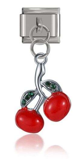 Italian Charm Red Cherry Enamel and Green Diamante Dangle on 'Silver' Link (Fits Nomination Brace...