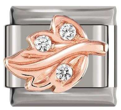 Italian Charm Leaf 'Rose Gold' with 3 Diamante of 'Silver' Link (Fits Nomination Bracelet)