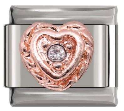 Italian Charm Heart 'Rose Gold' Diamante in Brocade on 'Silver' Link (Fits Nomination Bracelet)