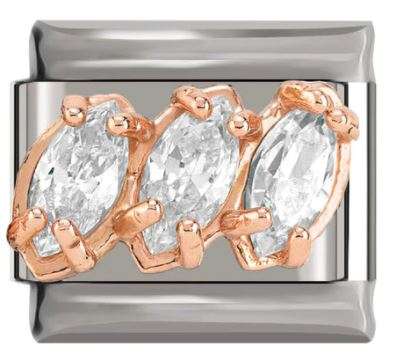 Italian Charm Three 'Diamonds' in 'Rose Gold' Claws on 'Silver' Link (Fits Nomination Bracelet)