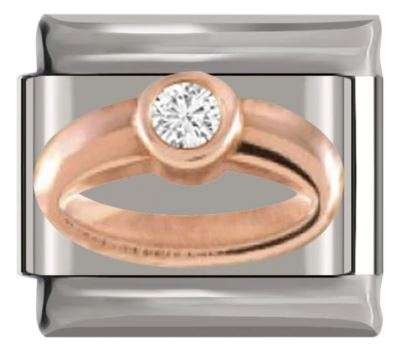 Italian Charm Engagement Ring with 'Diamond' 'Rose Gold' on 'Silver' Link (Fits Nomination Bracelet)