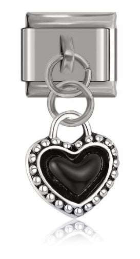 Italian Charm Black 'Onyx' Heart in 'Silver' Brocade Dangle on 'Silver' Link (Fits Nomination Bra...