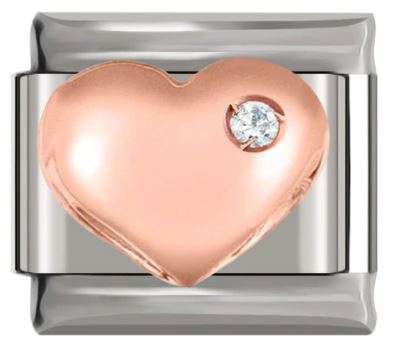 Italian Charm Puffy Heart 'Rose Gold' with Diamond on 'Silver' Link (Fits Nomination Bracelet)