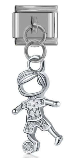 Italian Charm Boy Playing Soccer 'Silver' Dangle on 'Silver' Link (Fits Nomination Bracelet)