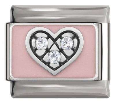 Italian Charm Heart Pink Enamel with Diamante Pave on 'Silver' Link (Fits Nomination Bracelet)