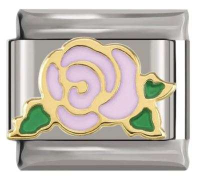 Italian Charm Pink Enamel Rose in 'Gold' Outline on 'Silver' Link (Fits Nomination Bracelet)