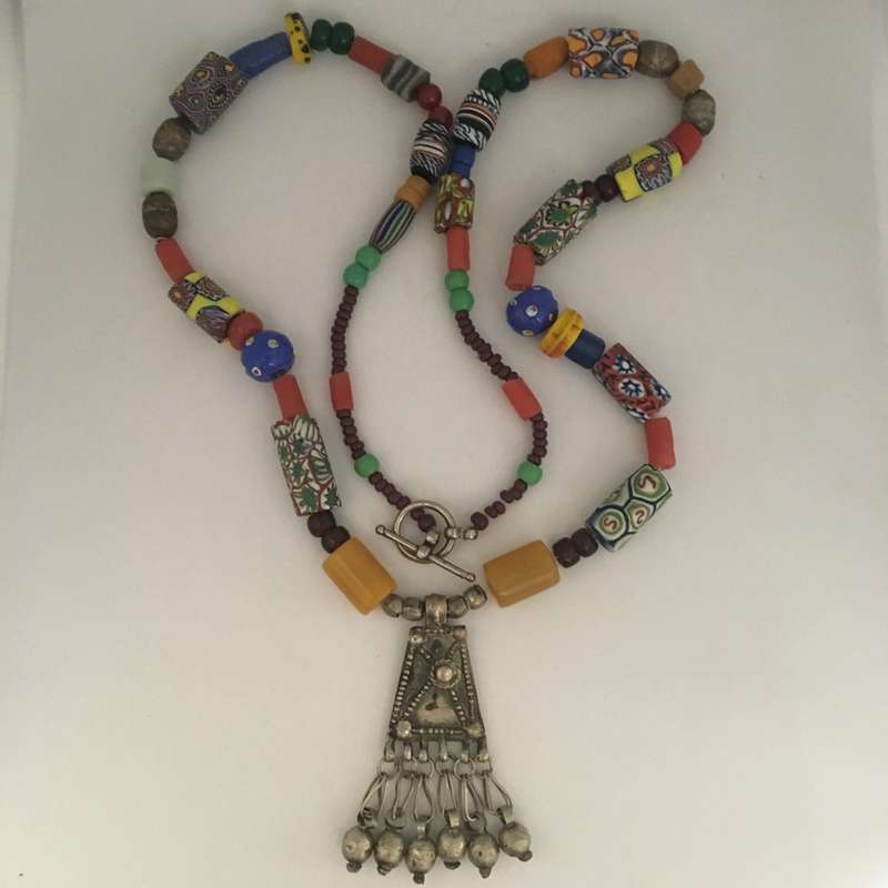 Necklace Antique Ethiopian Pendant with Amber and Millefiori