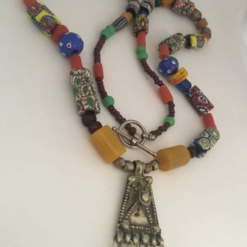 Necklace Antique Ethiopian Pendant with Amber and Millefiori
