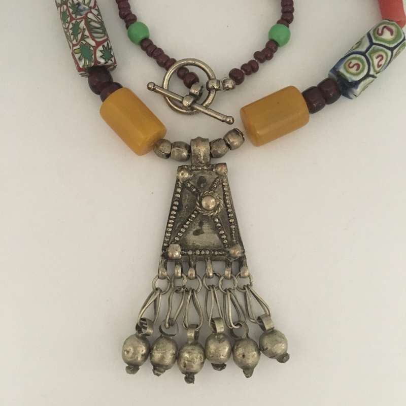 Necklace Antique Ethiopian Pendant with Amber and Millefiori