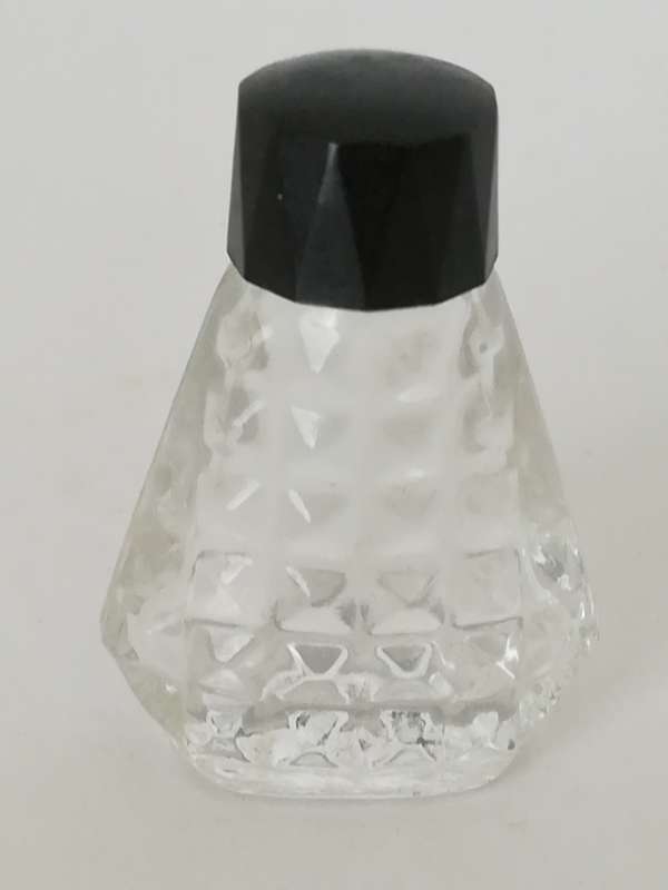 Miniature Perfume Bottle: Lovely faceted with black lid. No design house (10ml)