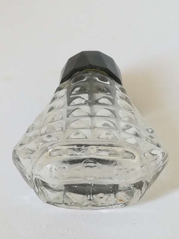 Miniature Perfume Bottle: Lovely faceted with black lid. No design house (10ml)