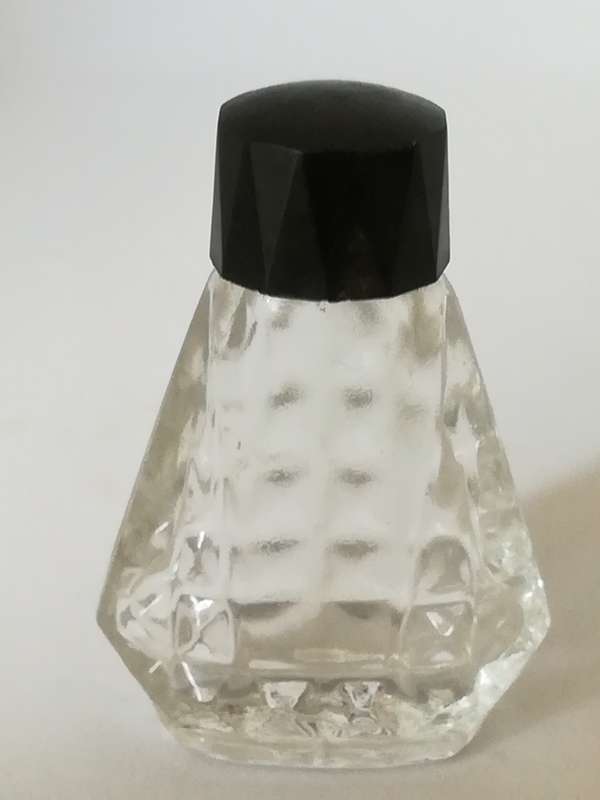 Miniature Perfume Bottle: Lovely faceted with black lid. No design house (10ml)