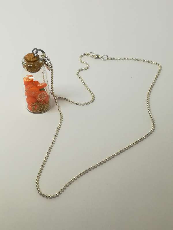 Fashion Necklace with Glass Bottle & Cork & Miniature Orange Slices on Bubbly Chain