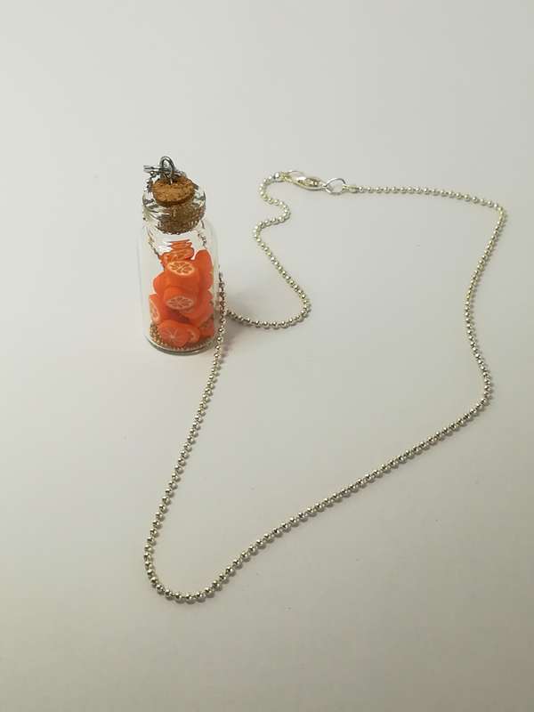 Fashion Necklace with Glass Bottle & Cork & Miniature Orange Slices on Bubbly Chain
