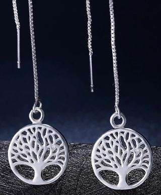 Sterling Silver Round Tree of Life Threader Earrings