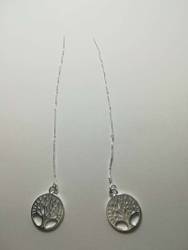 Sterling Silver Round Tree of Life Threader Earrings
