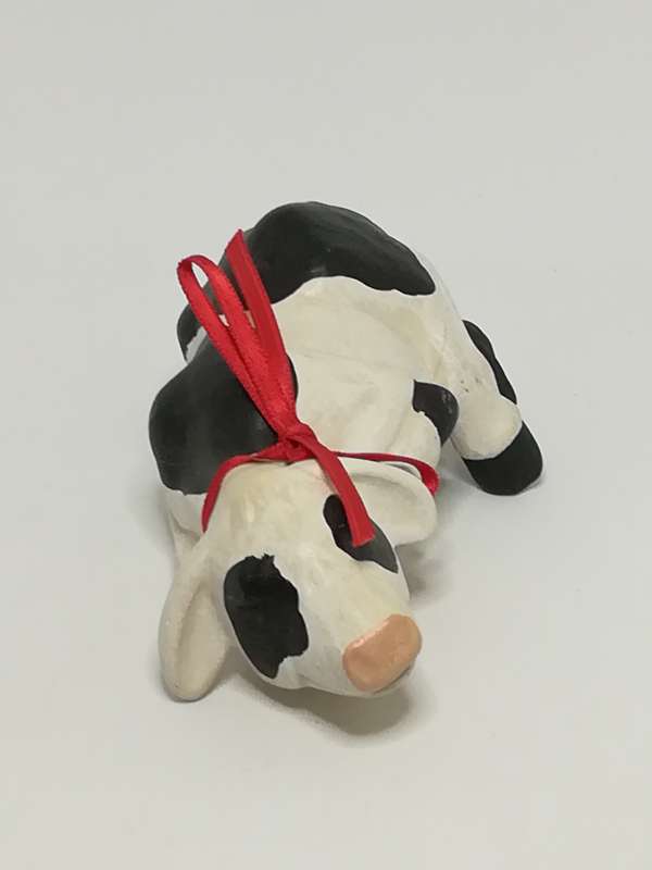 Small Ceramic Black & White Cow with Red Ribbon Around The Neck