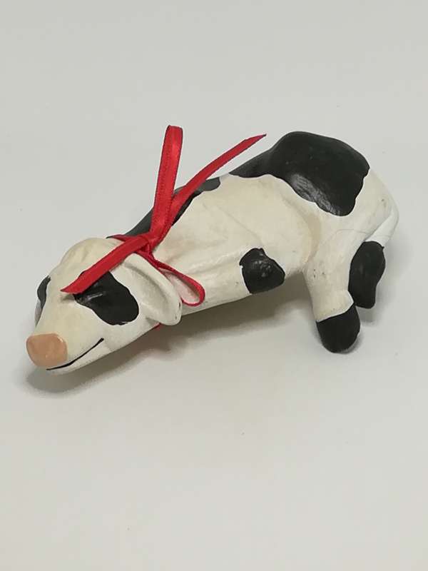 Small Ceramic Black & White Cow with Red Ribbon Around The Neck