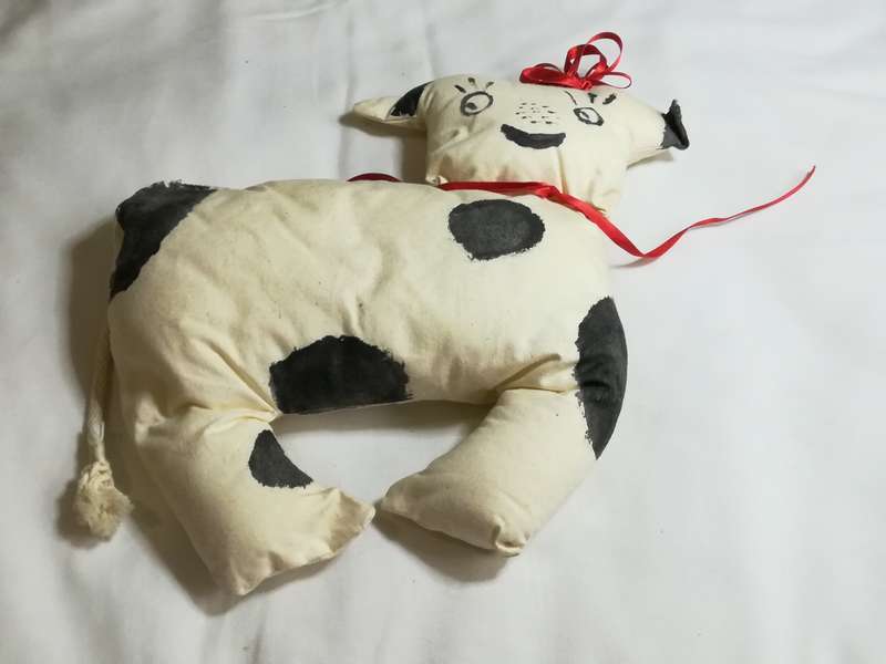 Black, White & Baby Pink Ears & Yellow Horns Cow