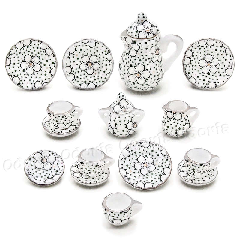 Miniature Tea Set - Black & White Flowers (Miniature, suitable for printer's tray)